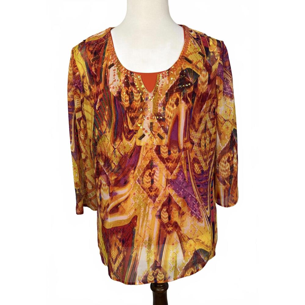 Chico's Colorful Print Top with Orange Tank Layer, size 3